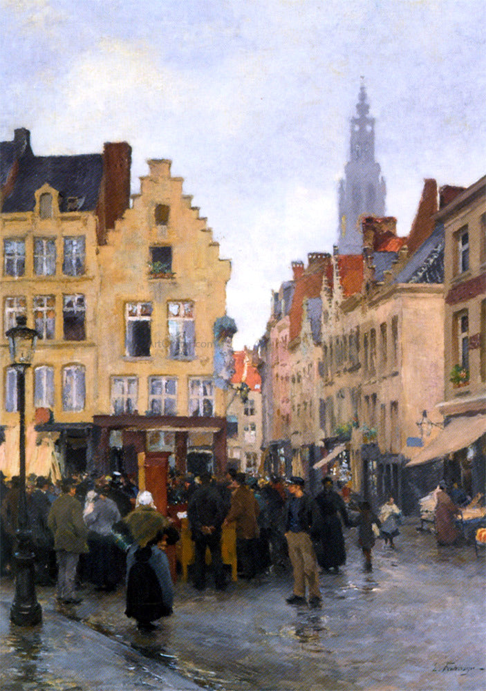 Edgard Josef Farasyn Busy Market In Antwerp - Hand Painted Oil Painting