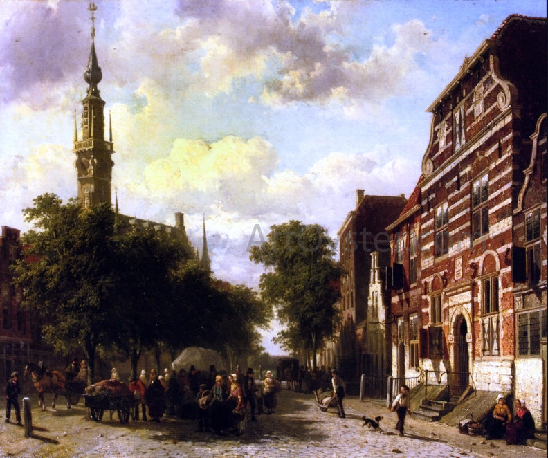 Cornelis Springer Busy Market in Veere with the Clocktower of the Town Hall Beyond - Hand Painted Oil Painting