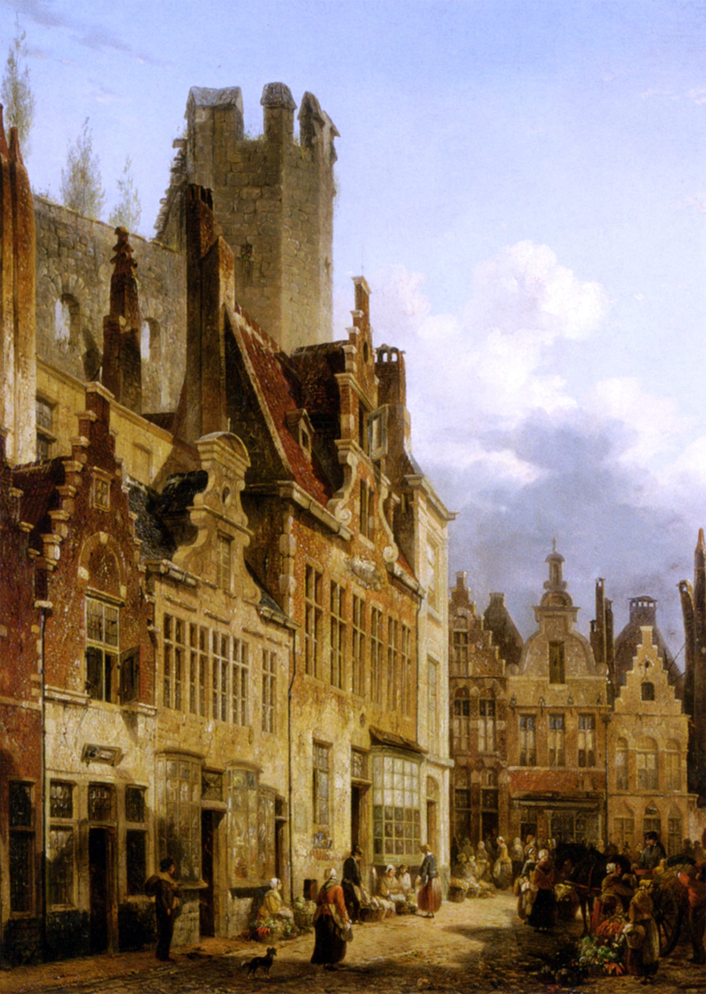 Francois-Jean-Louis Boulanger Busy Market Scene in the Streets of Ghent - Hand Painted Oil Painting