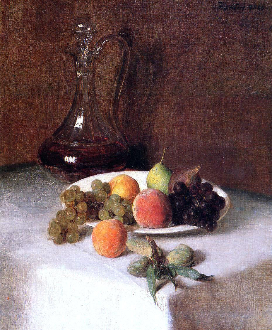 Henri Fantin-Latour A Carafe of Wine and Plate of Fruit on a White Tablecloth - Hand Painted Oil Painting