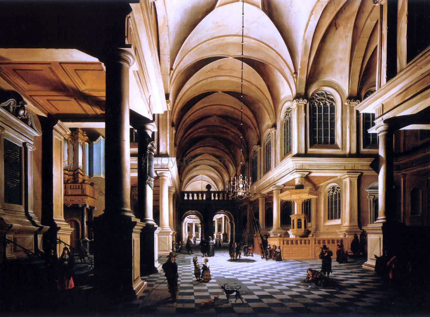 Daniel De Blieck A Church Interior by Candlelight with Figures Conversing - Hand Painted Oil Painting