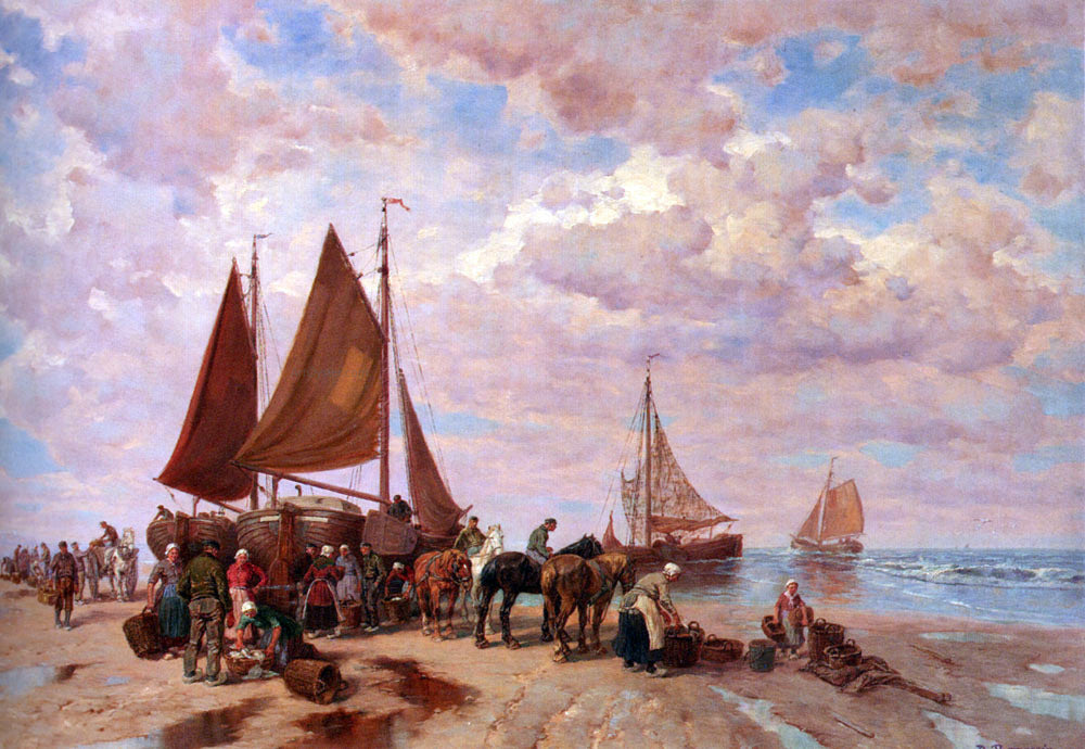 Desire Thomassin Coastal Scene Wih Fisherfolk Sorting The Day's Catch, Beached - Hand Painted Oil Painting