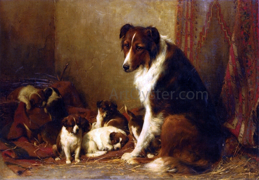 Otto Eerelman A Collie and Her Puppies - Hand Painted Oil Painting