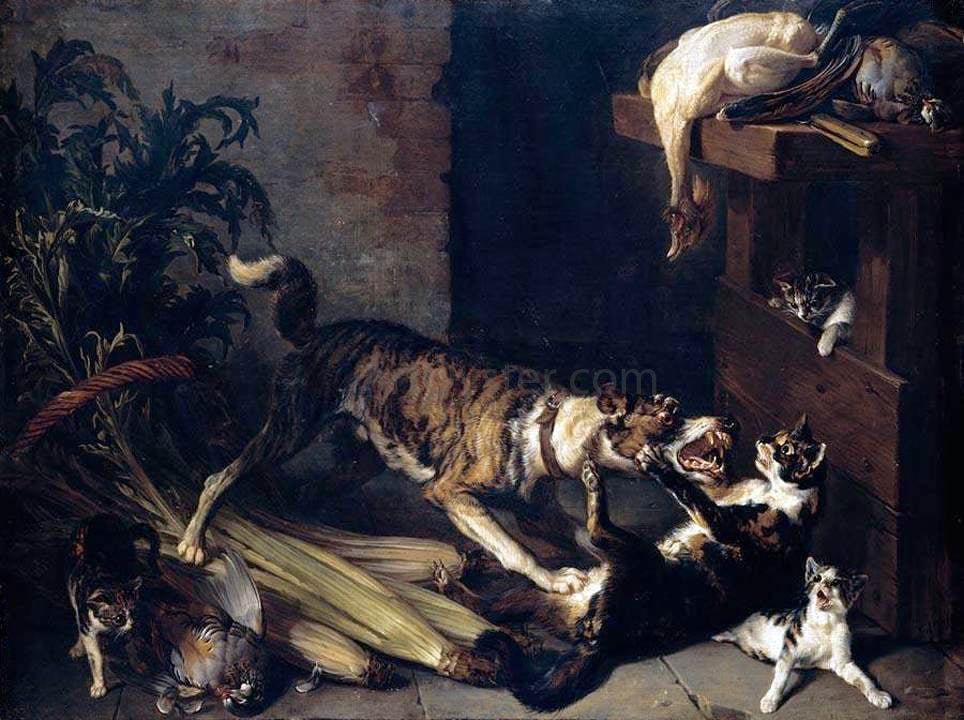 Alexandre-Francois Desportes Dog and a Cat Fighting in a Kitchen Interior - Hand Painted Oil Painting