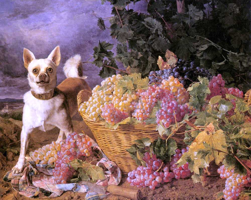 Ferdinand Georg Waldmuller A Dog By A Basket Of Grapes In A Landscape - Hand Painted Oil Painting