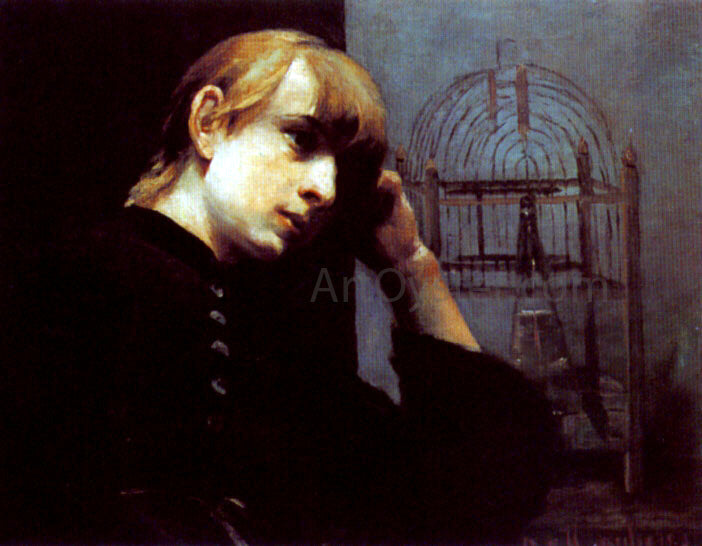 Joseph Jannsens De Waerebeke A Dreamy Girl by a Bird Cage - Hand Painted Oil Painting