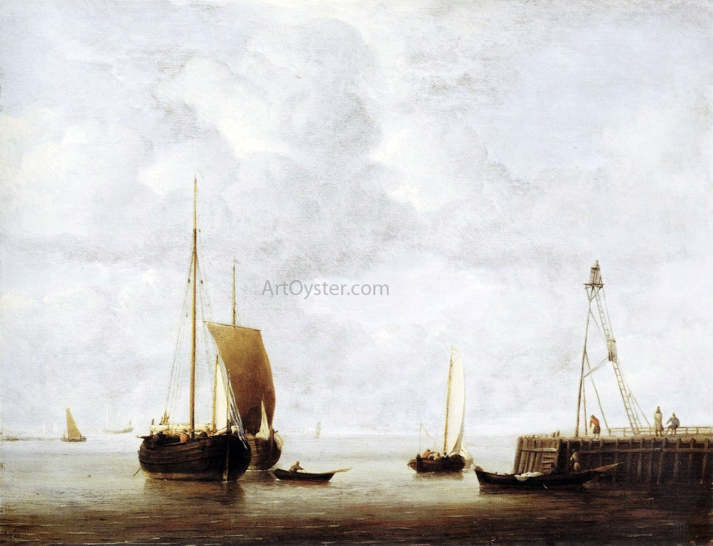 The Younger Willem Van de Velde A Dutch Hoeker at Anchor near a Pier - Hand Painted Oil Painting