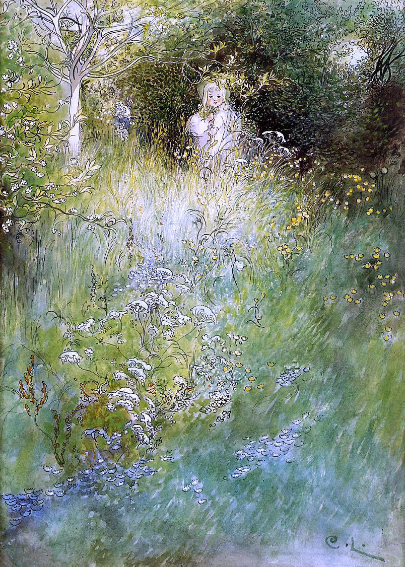 Carl Larsson A Fairy, Kersti and a View of a Meadow - Hand Painted Oil Painting