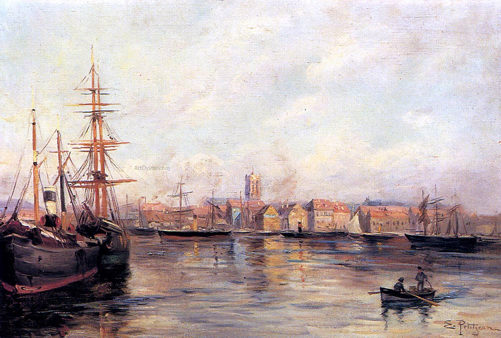 Edmond Marie Petitjean Fishing Village - Hand Painted Oil Painting