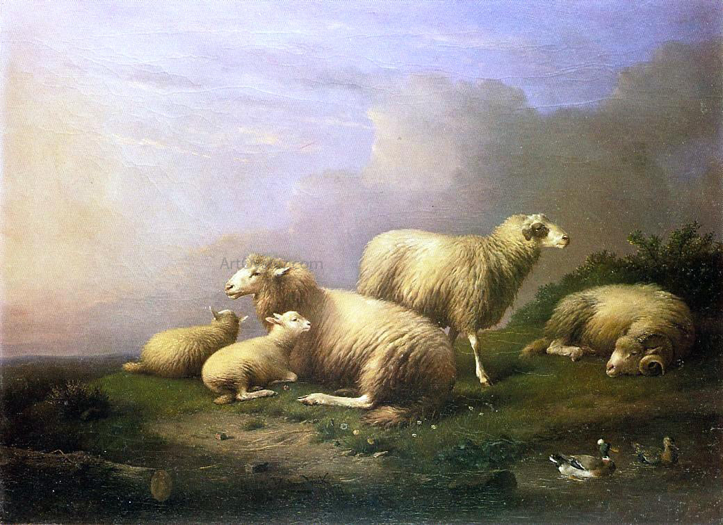 Francois Van Severdonck A Flock of Sheep Resting by a Pond - Hand Painted Oil Painting