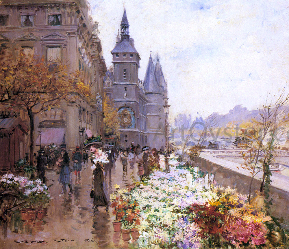 Georges Stein A Flower Market Along the Seine - Hand Painted Oil Painting
