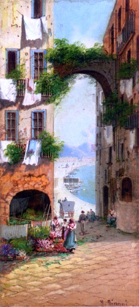 Girolamo Gianni A Flower Market with a View of Vesuvius, Naples - Hand Painted Oil Painting