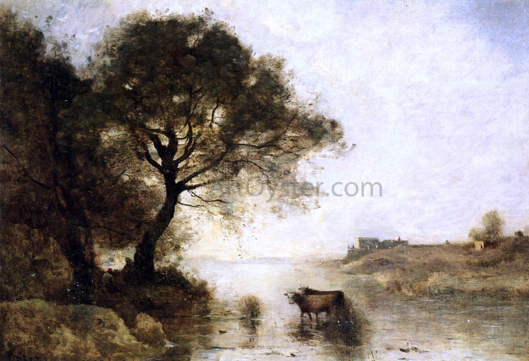 Jean-Baptiste-Camille Corot A Ford with Large Trees - Hand Painted Oil Painting