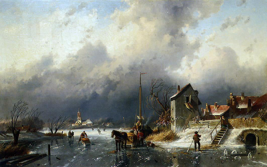 Charles Joseph Leickert Frozen River Landscape with a Horsedrawn Sleigh - Hand Painted Oil Painting