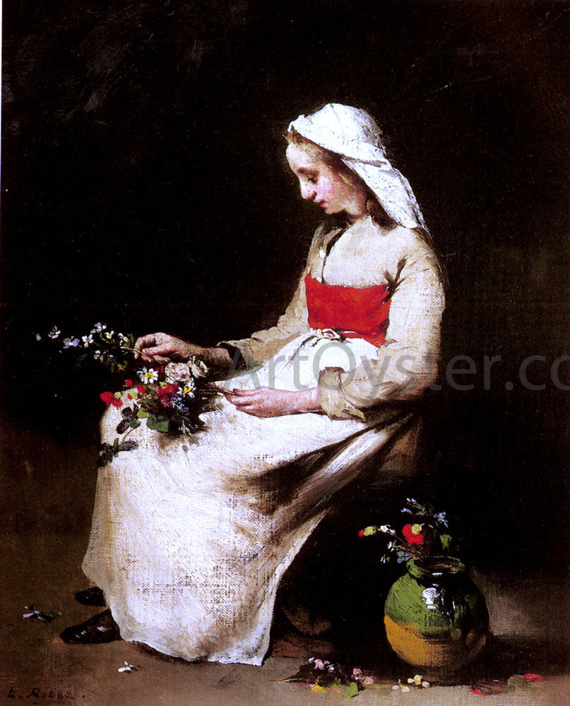 Theodule Ribot A Girl Arranging A Vase Of Flowers - Hand Painted Oil Painting