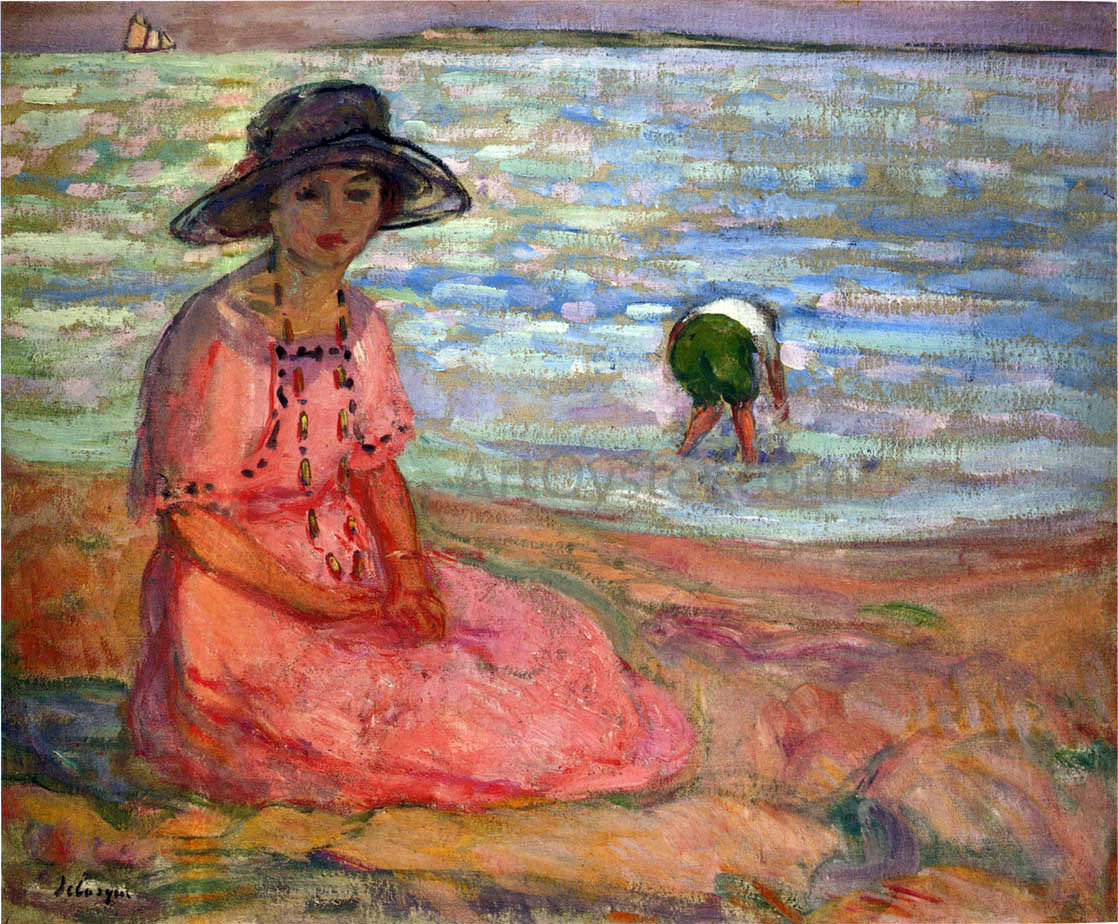 Henri Lebasque A Girl in a Pink Robe by the Sea - Hand Painted Oil Painting