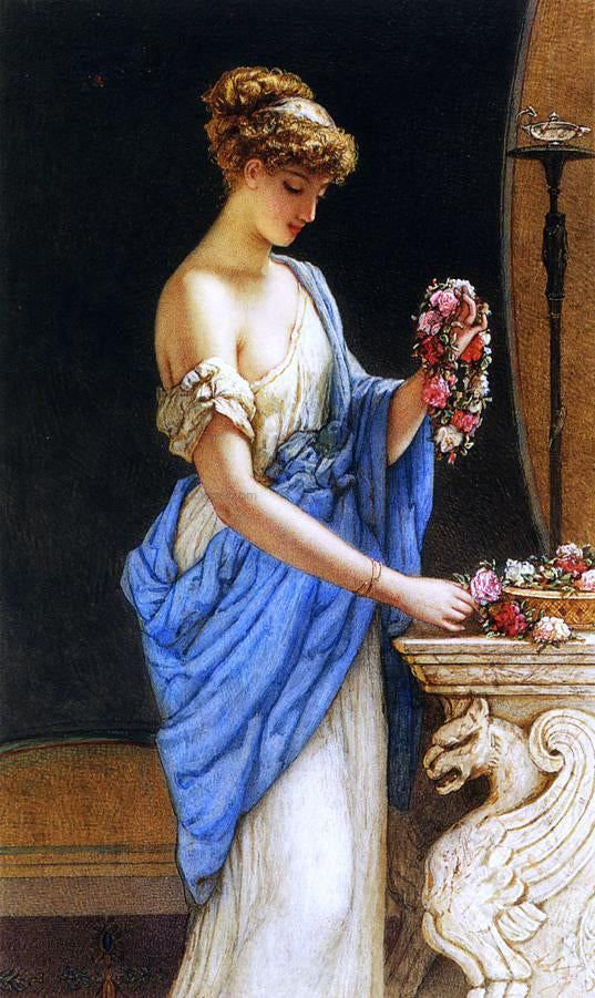 James Sant RA A Girl in Classical Dress Arranging a Garland of Flowers - Hand Painted Oil Painting