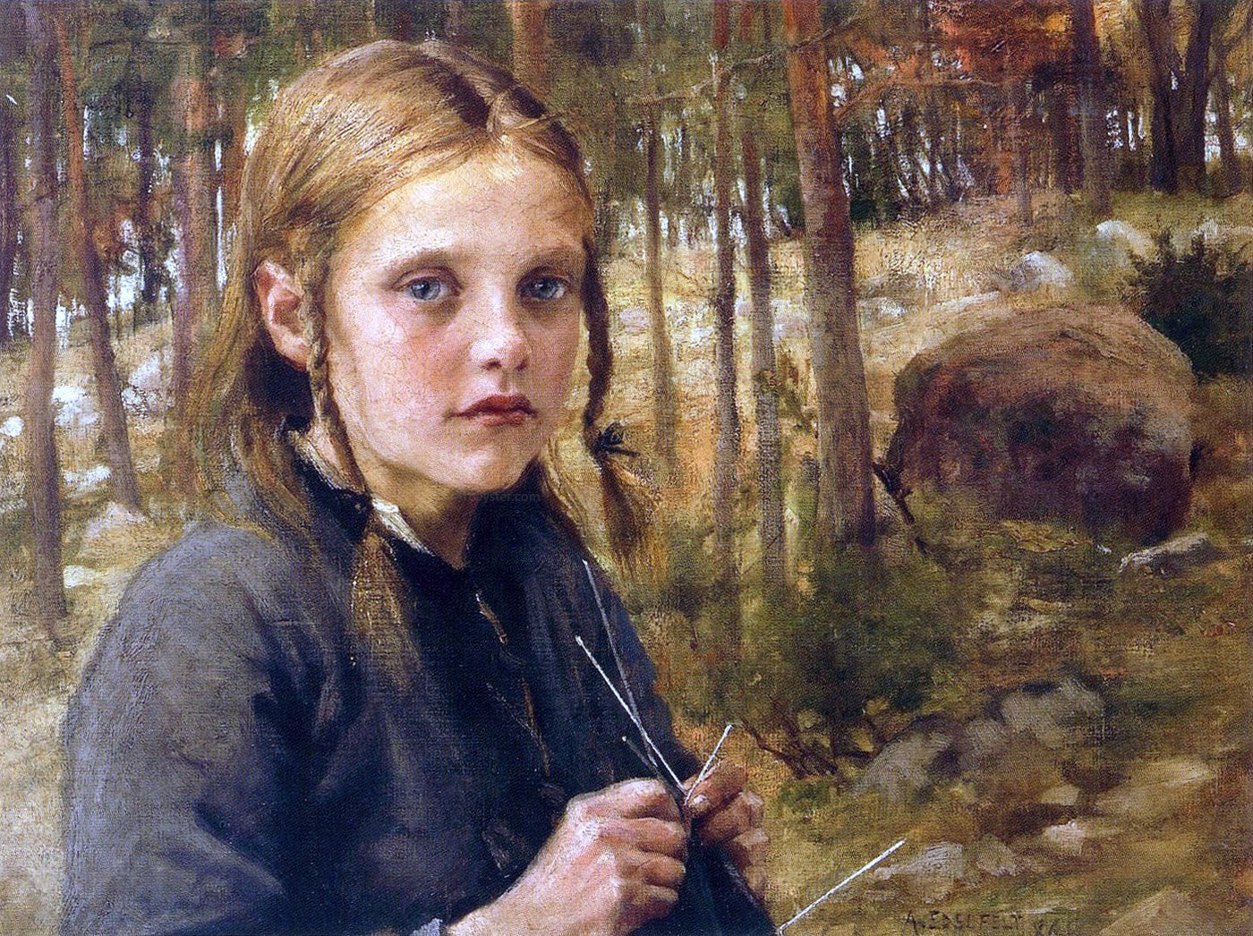 Albert Edelfelt A Girl Knitting Socks - Hand Painted Oil Painting