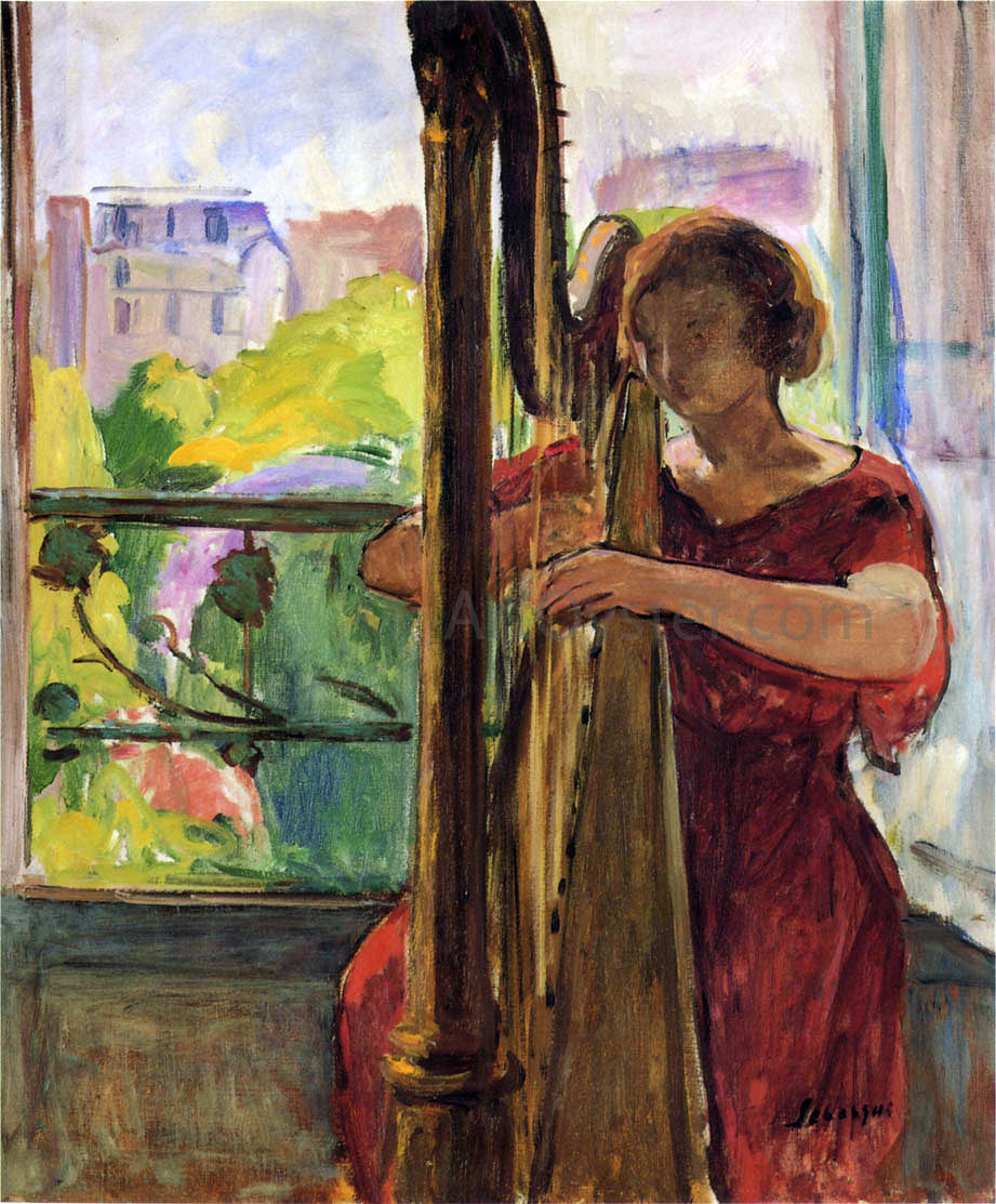 Henri Lebasque A Girl Playing a Harp - Hand Painted Oil Painting