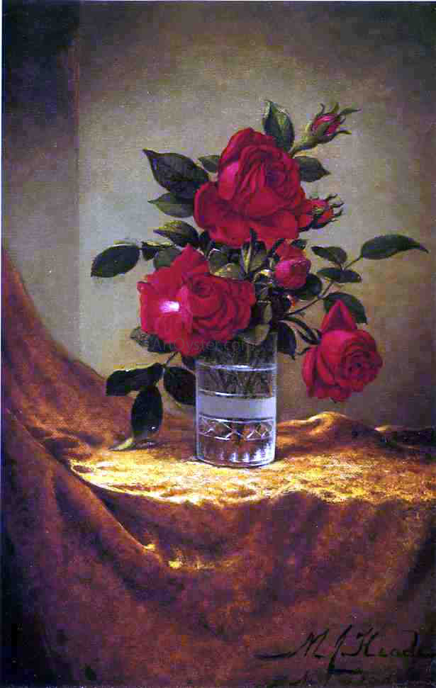 Martin Johnson Heade A Glass of Roses on Gold Cloth - Hand Painted Oil Painting