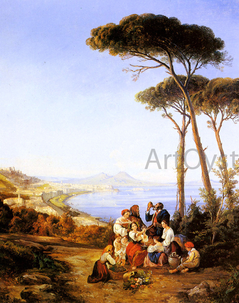 Consalvo Carelli A Group Of Peasants With The Bay Of Naples Beyond - Hand Painted Oil Painting