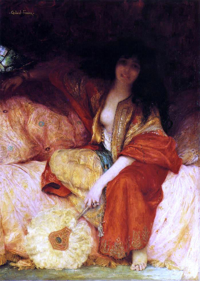 Gabriel Augustin Ferrier A Harem Beauty Holding a Fan - Hand Painted Oil Painting