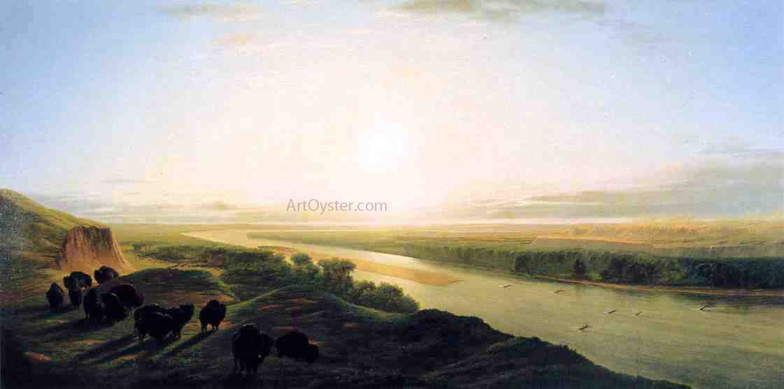 William Jacob Hayes A Herd of Bison Crossing the Missouri River - Hand Painted Oil Painting
