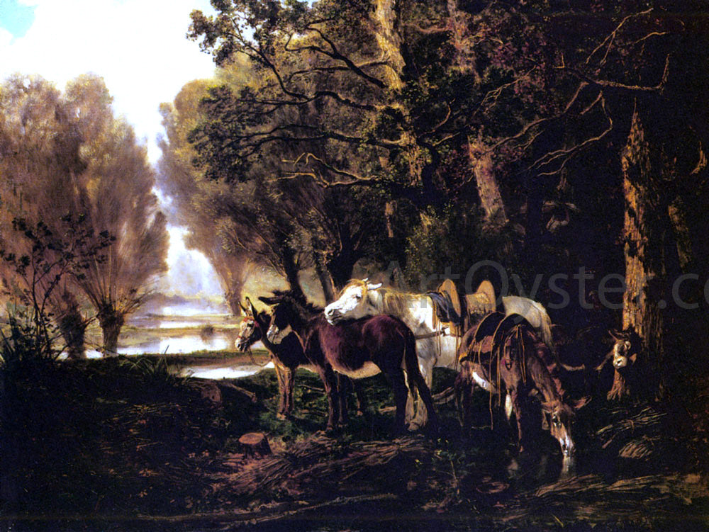 Giuseppe Palizzi A Horse and Donkeys Awaiting the Faggot Gatherer - Hand Painted Oil Painting