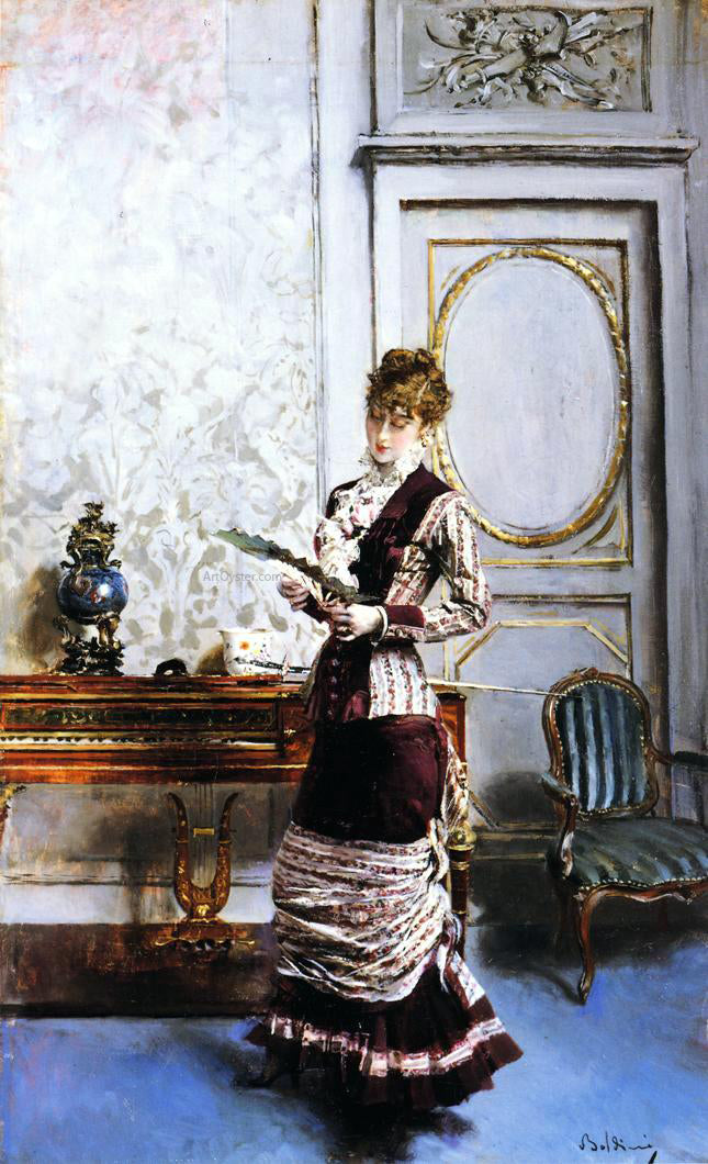 Giovanni Boldini A Lady Admiring a Fan - Hand Painted Oil Painting
