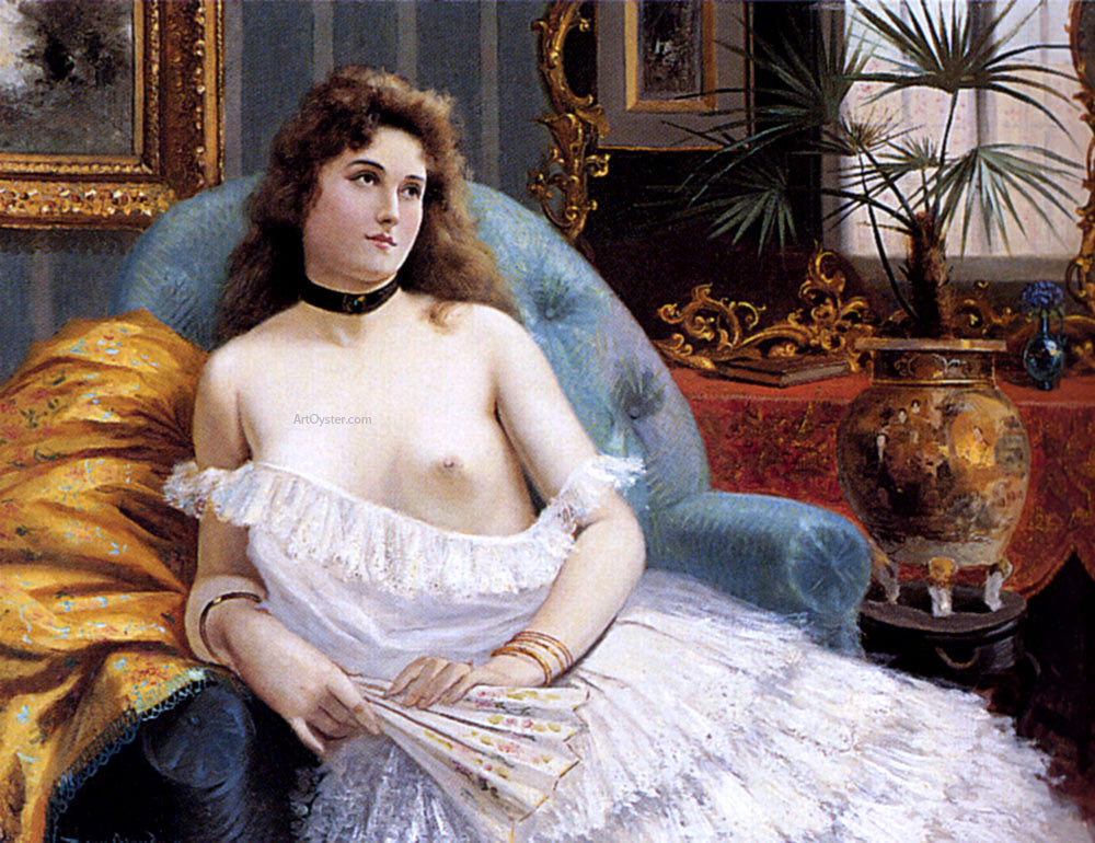Jean Beauduin A Lady Holding A Fan - Hand Painted Oil Painting
