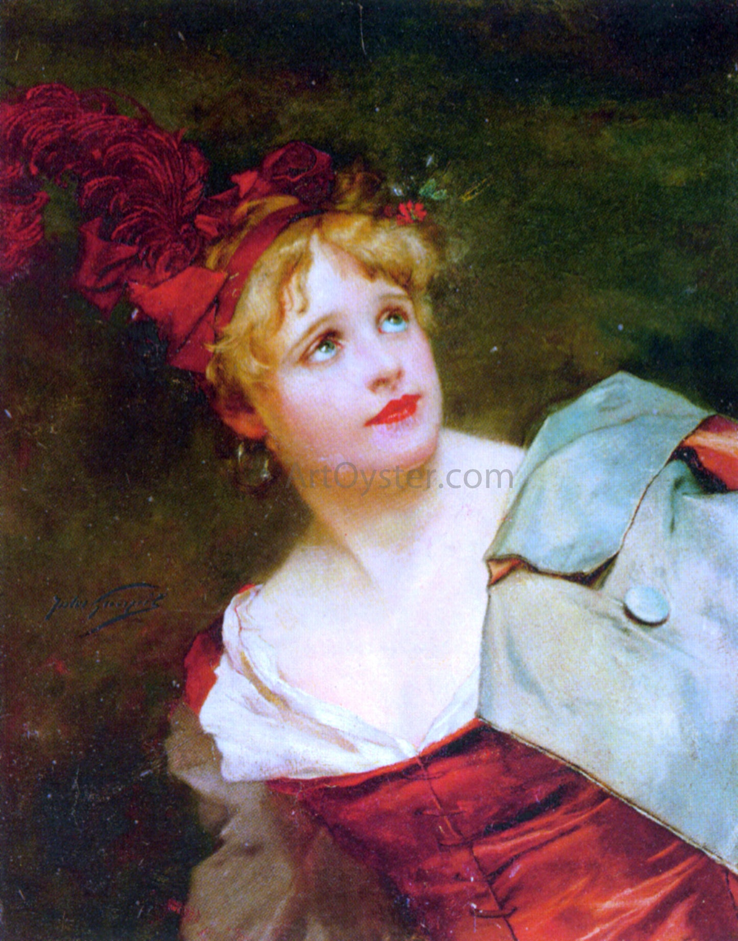  Jules Adolphe Goupil A Lady Wearing a Crimson Hat - Hand Painted Oil Painting