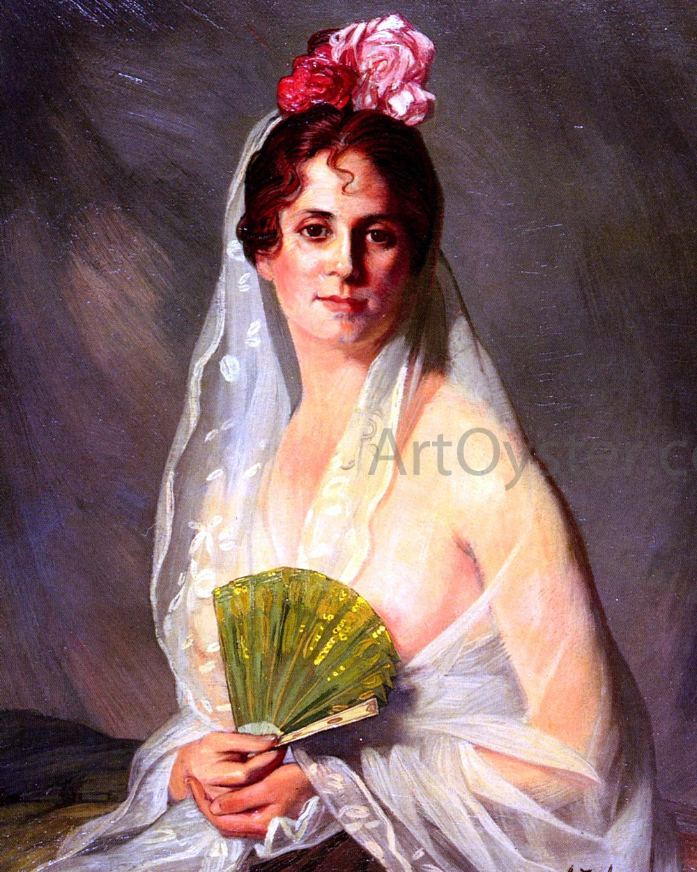 Eduardo Zamacois Y Zabala A Lady with a Fan - Hand Painted Oil Painting
