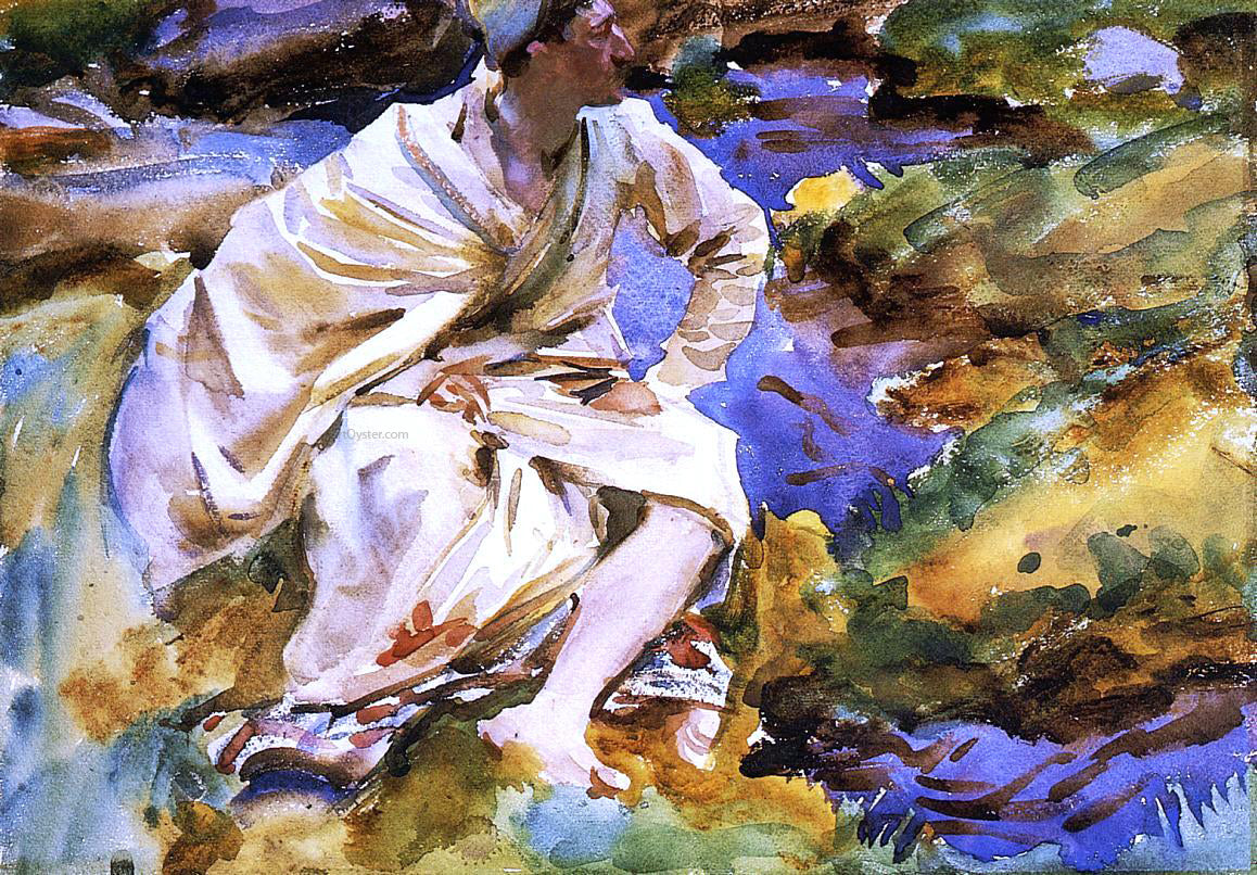 John Singer Sargent A Man Seated by a Stream, Val d'Aosta, Pertud - Hand Painted Oil Painting