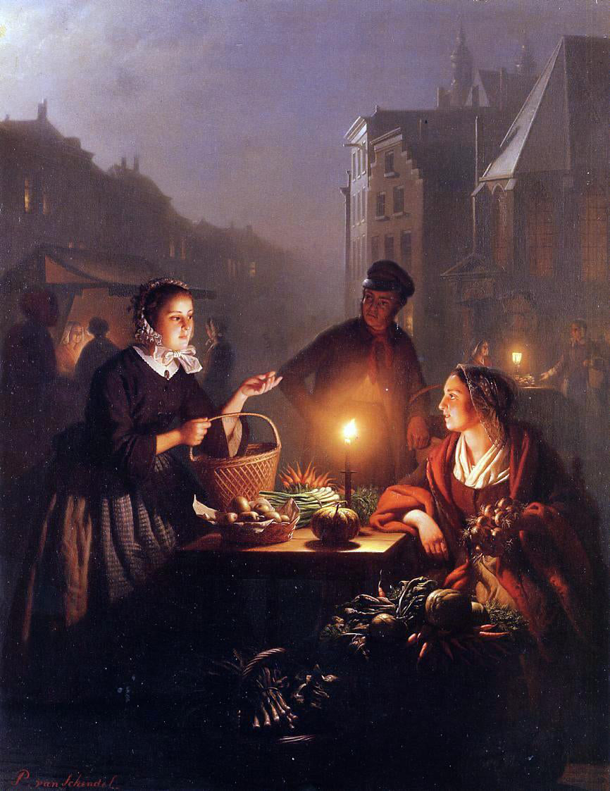 Petrus Van Schendel A Moonlit Vegetable Market - Hand Painted Oil Painting