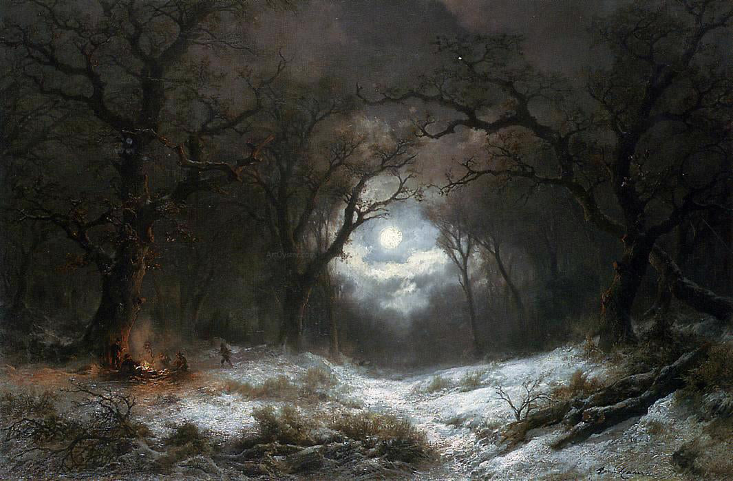 Remigius Adriannus Van Haanen A Moonlit Winter Landscape - Hand Painted Oil Painting