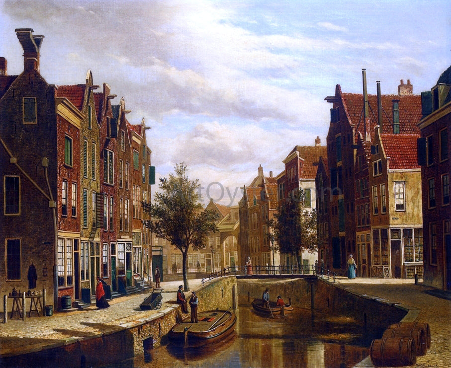 Willem Koekkoek A Morning Walk by a Dutch Canal - Hand Painted Oil Painting