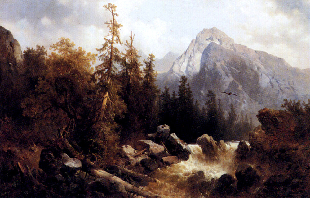 Josef Thoma A Mountainous River Landscape - Hand Painted Oil Painting