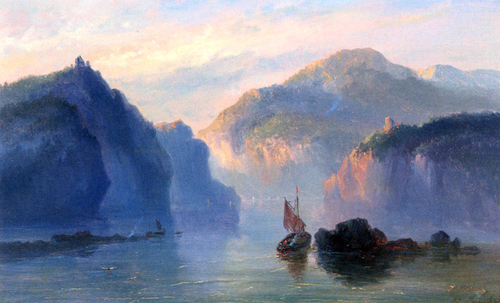  Josephus Gerardus Hans A Mountainous River Landscape With A Sailboat At Dusk - Hand Painted Oil Painting