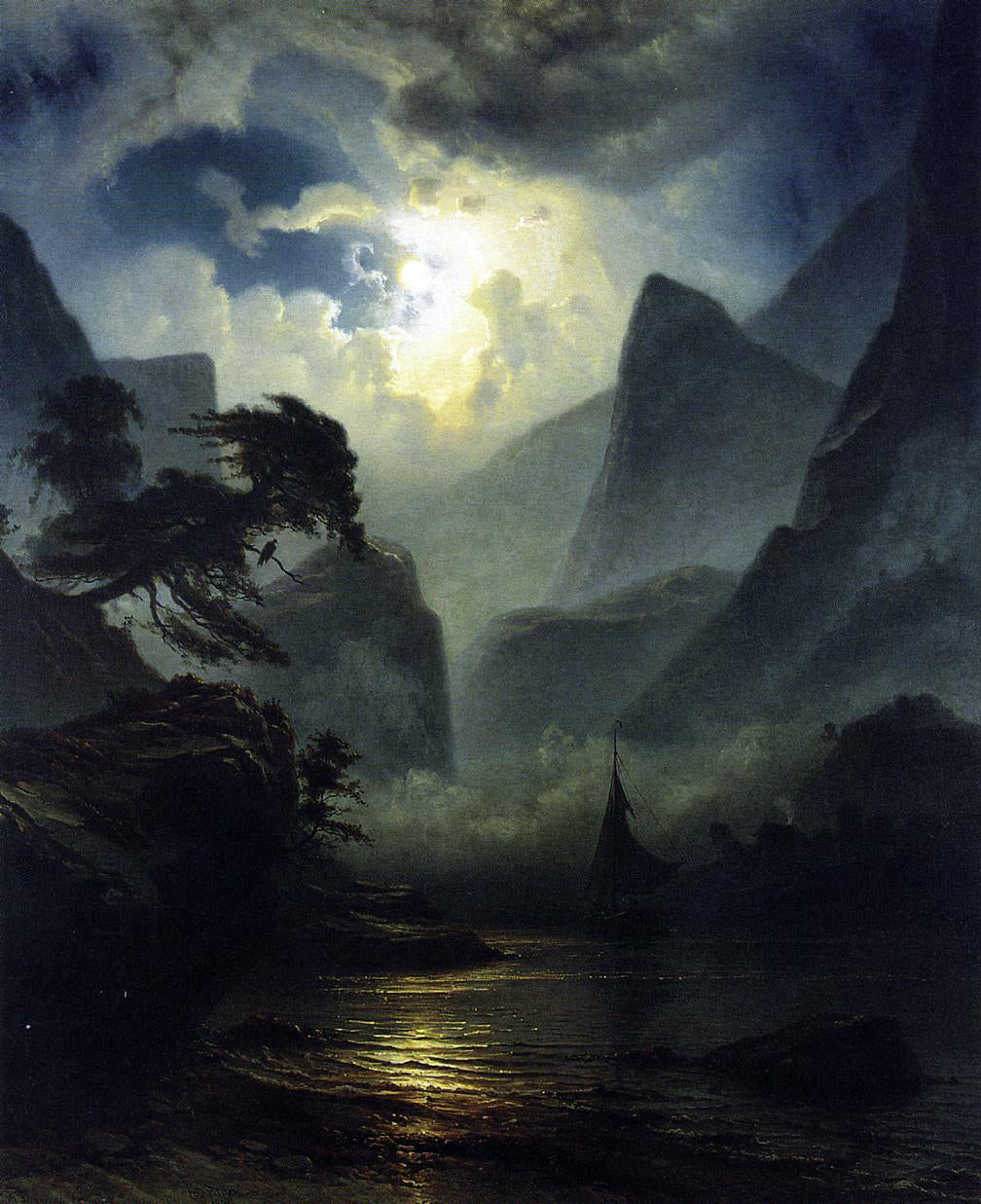  Knud Andreassen Baade A Norwegian Fjord by Moonlight - Hand Painted Oil Painting