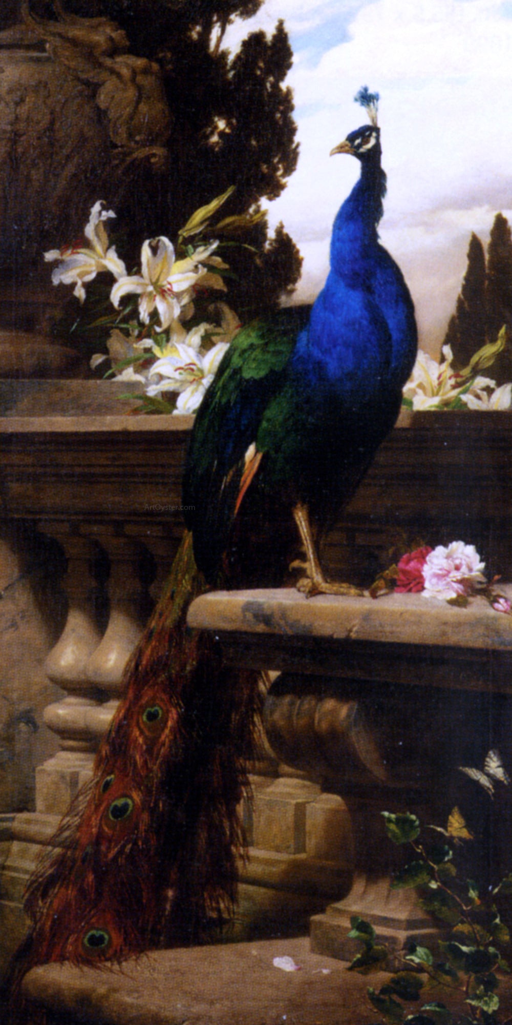 Gyula Juluis De Benczur A Peacock in a Classical Landscape with Lillies and Roses - Hand Painted Oil Painting