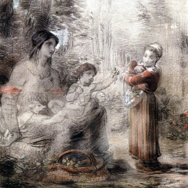William P Babcock A Peasant Girl Offering Flowers to a Woman and Child - Hand Painted Oil Painting