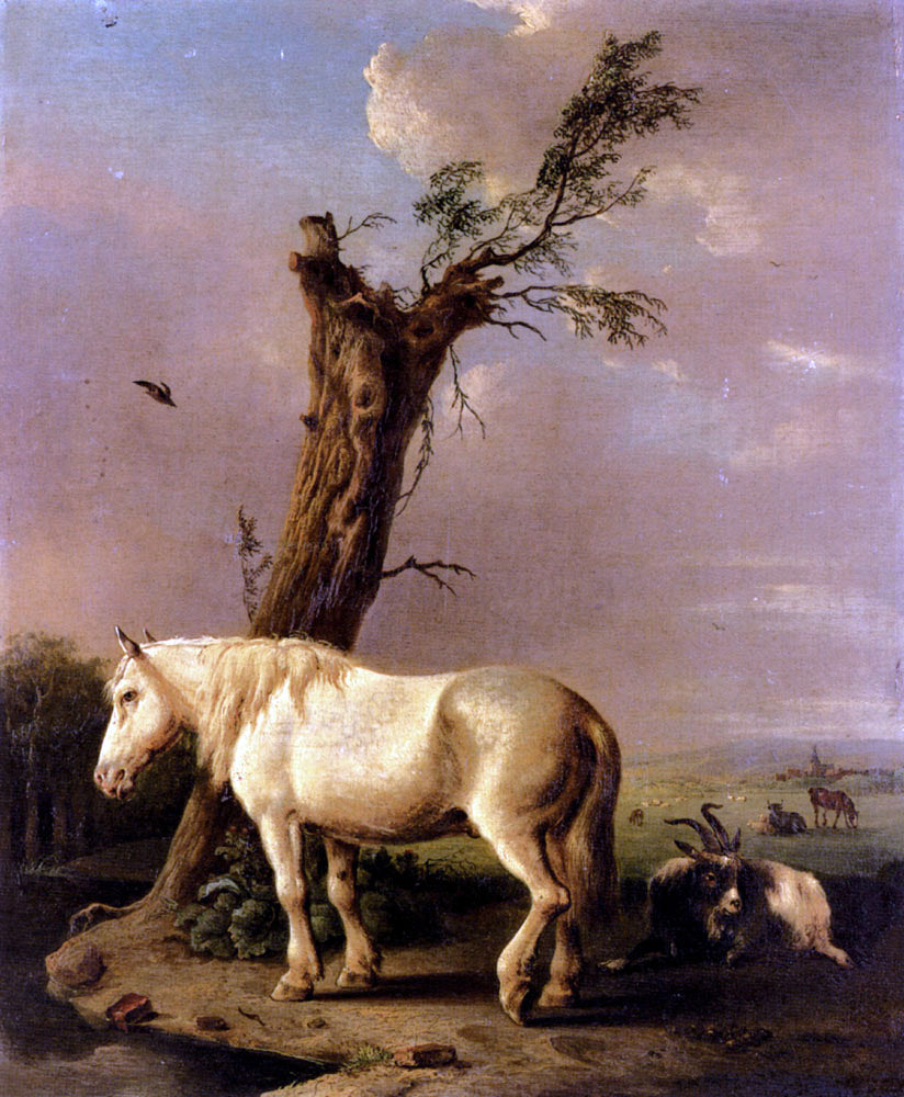 Jan Kobell A Pony, Goat And Resting Cattle In A Landscape - Hand Painted Oil Painting