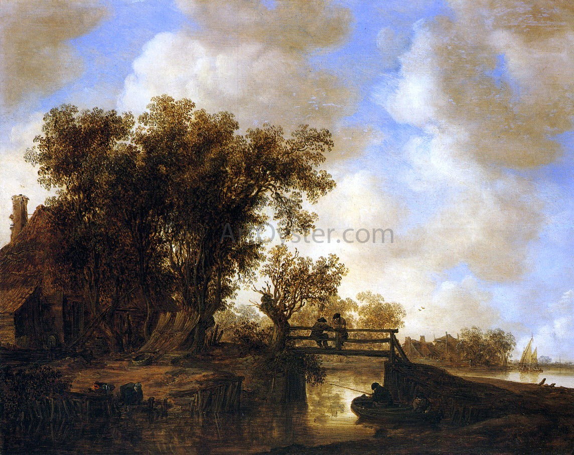 Jan Josephszoon Van Goyen A River Landscape with a Footbridte and Fishermen - Hand Painted Oil Painting
