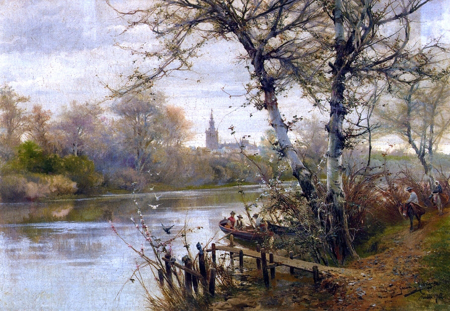 Manuel Garcia Y Rodriguez A River Landscape with Seville Beyond - Hand Painted Oil Painting