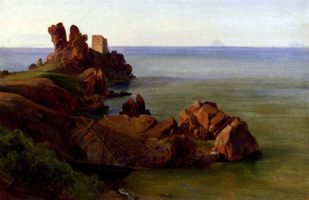  Jean-Baptiste-Adolphe Gibert A Rocky Outcrop With A Moored Boat And Ruined Watchtower, Cefalu - Hand Painted Oil Painting
