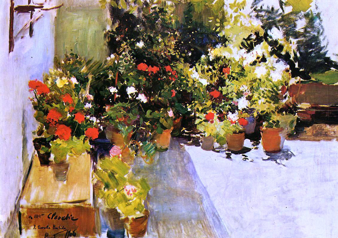 Joaquin Sorolla Y Bastida A Rooftop with Flowers - Hand Painted Oil Painting