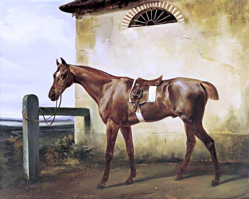 Horace Vernet A Saddled Race Horse Tied to a Fence - Hand Painted Oil Painting