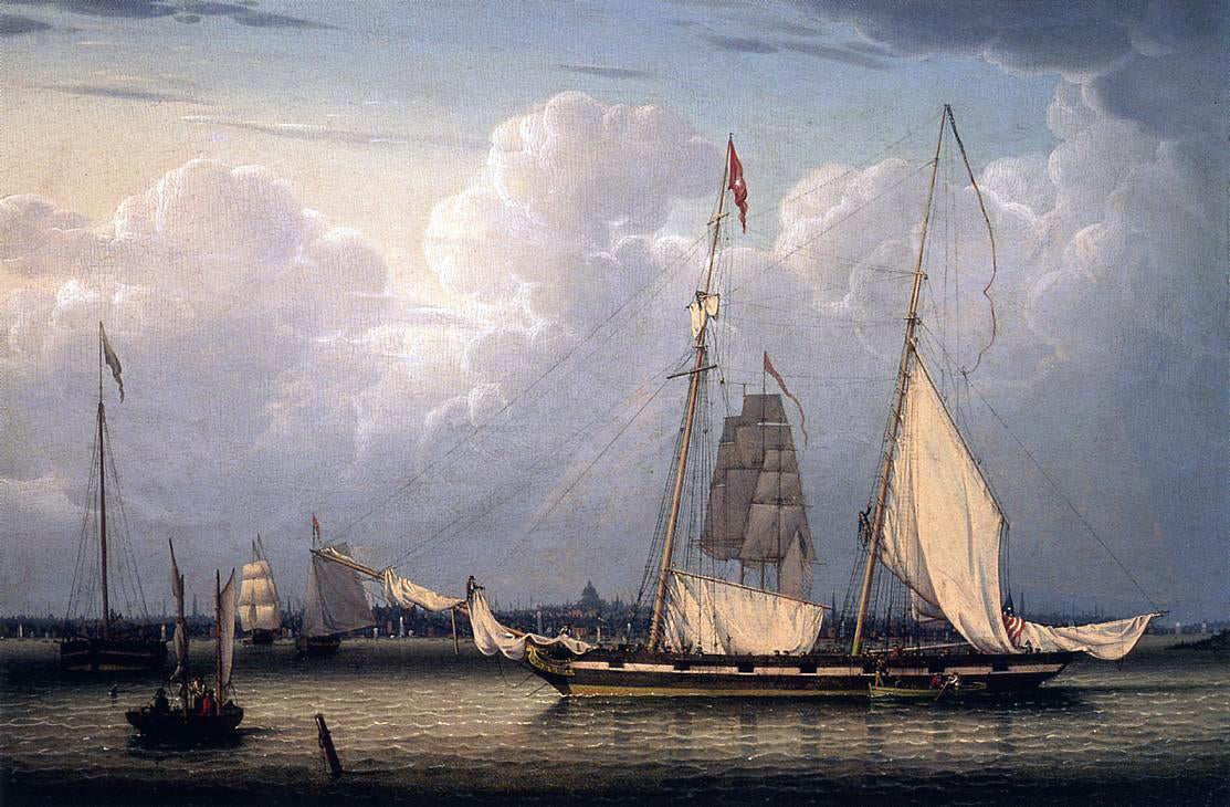 Robert Salmon A Schooner with a View of Boston - Hand Painted Oil Painting