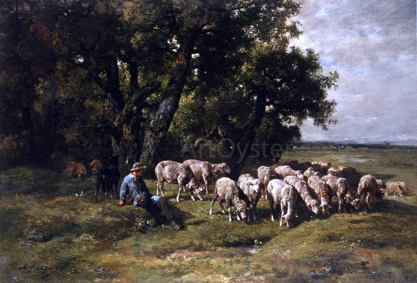 Charles Emile Jacque A Shepherd with His Flock - Hand Painted Oil Painting
