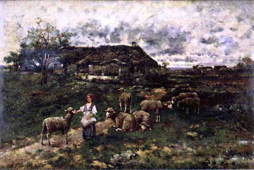 Charles Emile Jacque A Shepherdess and Her Flock - Hand Painted Oil Painting